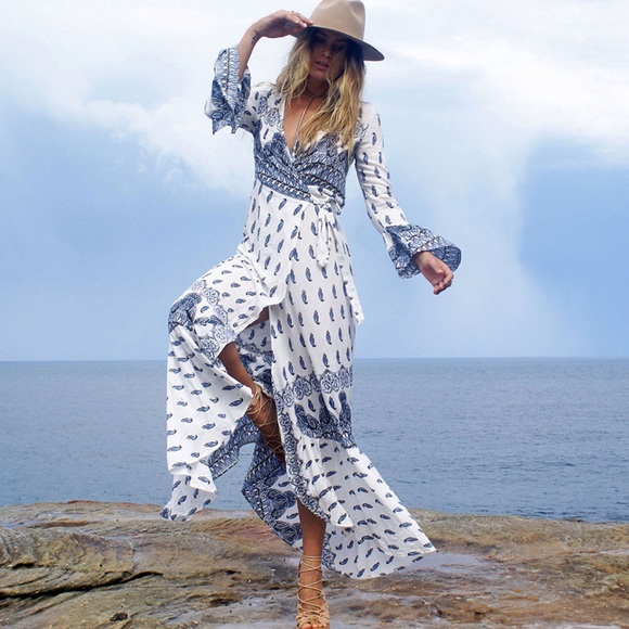 Paisley Gypsy Print Maxi Wrap Dress Long Sleeve - Picture 2 of 6